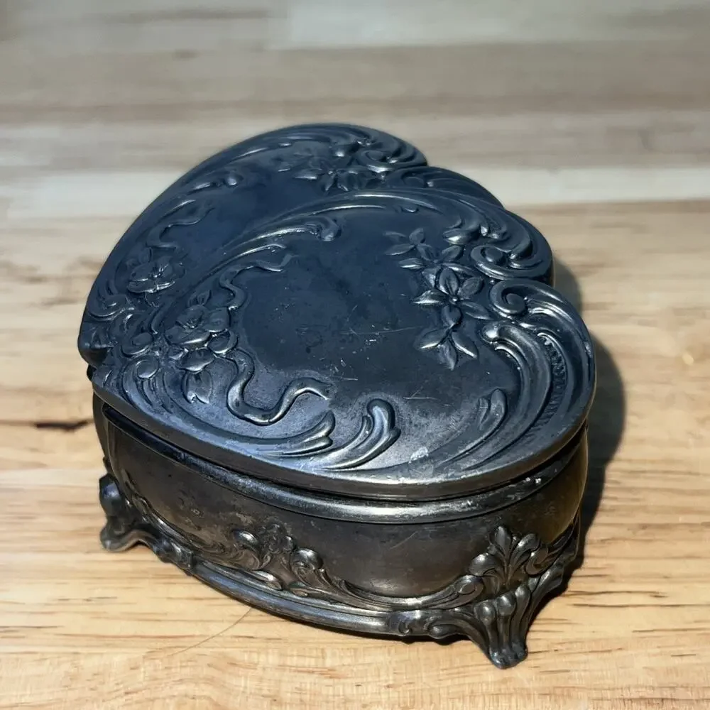 Antique Jennings Bro Art Nouveau Double Heart Metal Jewelry Trinket Box Lined